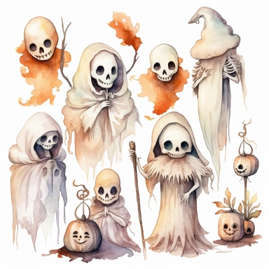watercolor clipart ghosts cute skeletons halloween
