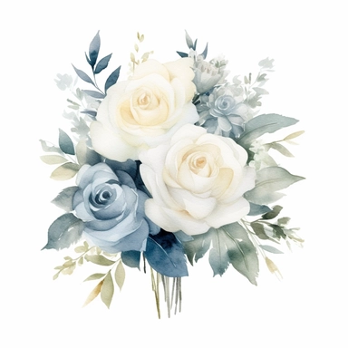 Watercolor dusty blue four roses clipart, four roses bouquet, muted color faded, white background