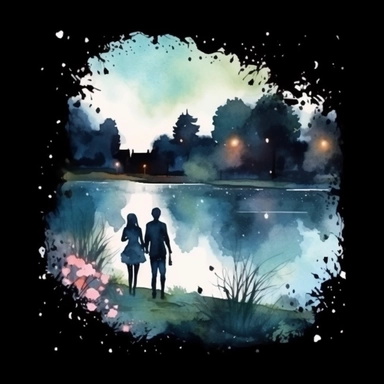 Watercolor, A couple by the river in bloom, night,clipart on black background