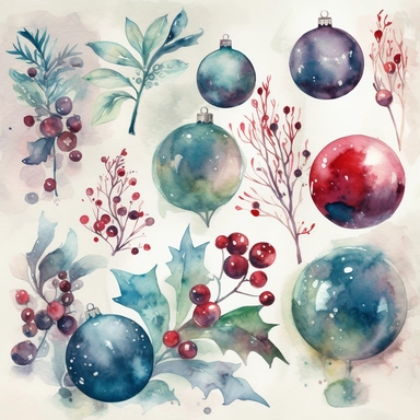 Design a collection of watercolor clipart images featuring elegant Christmas motifs such as snowflakes, stars, and ornaments. The images should have a sophisticated, upscale feel with clear lines and rich, luxurious hues. The clipart should be suitable for use in upscale holiday party invitations and other similar projects