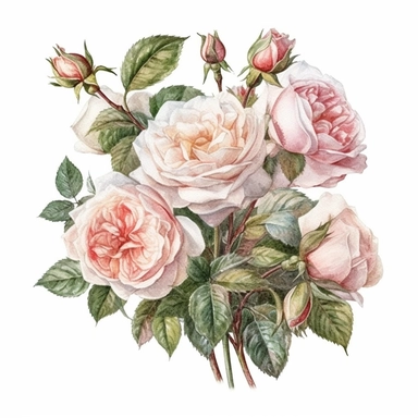 Watercolor pale pink roses clipart, a bouquet of English roses, bridal bouquet, isolated on the white background, very detailed, flower illustration, hd