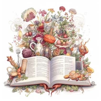 an enchanted cookbook open, facing the reader, clipart, white background, intricate details, variety of colours,