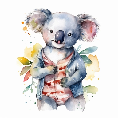 A Happy Koala smiling, standing up, watercolor painting, clipart, white background,