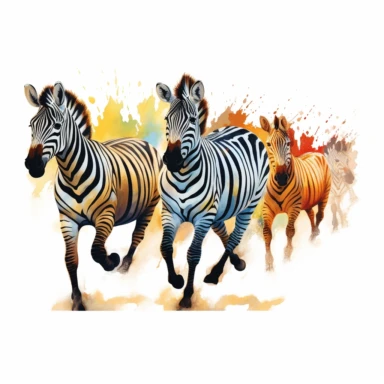 group of cute zebras, running freely in the open plains, their striped coats blending harmoniously, bold colors, clipart, on a white background