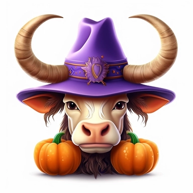 3D super realistic cute halloween Longhorn Cow Head with a witch's purple hat on his head among pumpkins clipart