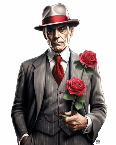 detailed hansome man facing me with vintage hat with red rose dressed in a vintage suit, hyper realistic, isolated on white backgorund, clipart