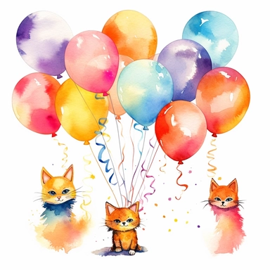 flying cat tied to a balloon clipart, balloons lined up side by side clipart , party balloons clipart, birthday party centerpiece, watercolor clipart