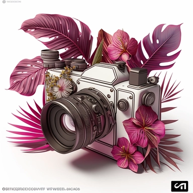 clipart of an old fashioned photo camera 1 photo lens only, surrounded by an intricate arrangement of dramatic extravagant digital 3D fushia tropical palm leaves, in the style of large-scale photography, lush detailing, cartoon style, playfully intricate, made of flowers, bloomcore, exotic ambiant, 8K, white background