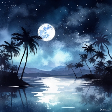 clipart style, watercolor scene of An immersive image of a Nighttime Beachscape, featuring a moonlit seascape with gentle waves lapping against the shore. The silhouette of palm trees adds a tropical charm, and the starry night sky creates a serene backdrop, transporting viewers to a peaceful beach getaway, HD, on white background