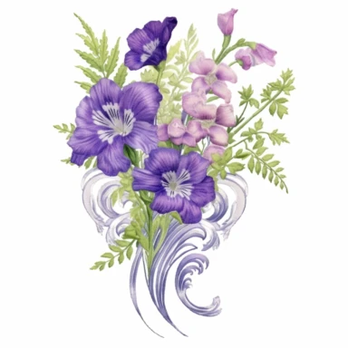 Design a dreamy watercolor clipart of a Violet Floral bouquet with greenery tied with colorful lace composition, with soft and graceful brushstrokes in a delicate color palette in shades of purple, blue, or white. Infuse the artistic style of Serenity Blooms Watercolors for a serene and calming depiction. isolated on a white background, 8k uhd, designed by Ana Victoria Calderon and Holly Exley,