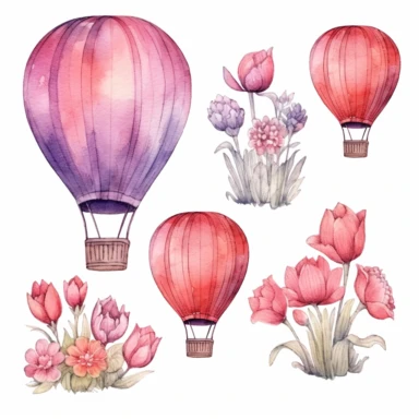watercolor hot air balloon and flowers, illustrations clipart set, simple, cartoon elements, different variants, separate elements with a margin