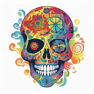 create a clipart-style illustration of a skull with a Grateful Dead-inspired design, where colorful images are placed only on the skull itself, resembling tattoos. The skull should have an expression that appears to be laughing or joyful, adding a playful element to the artwork. Begin by sketching the outline of a skull, focusing on capturing its distinct features such as the eye sockets, nasal cavity, and jawline. Keep the lines clean and simple, adhering to the clipart style. Within the confin