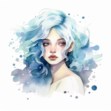 Cute zodiac sign Aquarius, Aquarius portrait, pastel colors, white background, fashion illustration, watercolor splash, clipart, by Jack Hughes