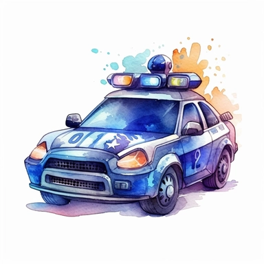 police car on duty, childhood, clipart, Pixar, watercolor, cartoon sticker.