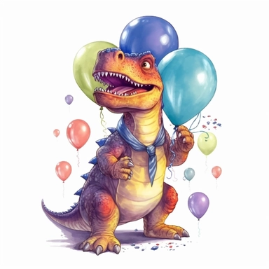 a T-Rex cartoon character holding colorful balloons for a birthday party, glamorous , Gouache, white background with margins, Clipart style