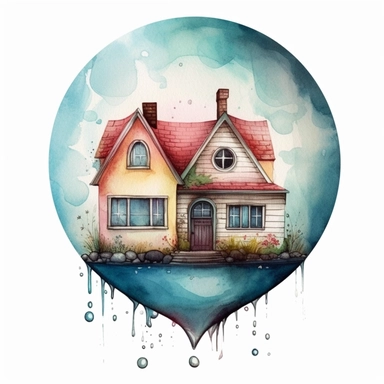 watercolor house globe drawing, big eyes, illustration clipart, detailed, black outline, white background, digital art