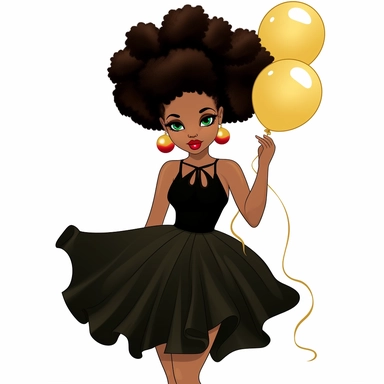 a cute Black woman with elegant dress and make up with balloon in hand, 2 afro puffs, flat vector clipart