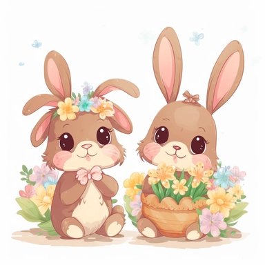 cute brown easter bunnies with flowers and eggs clipart, single design, 8k, isolated white backgroud