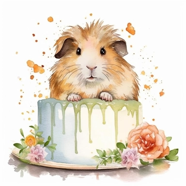:Create a watercolor clipart picture of a cute long-haired guinea pig sitting next to a birthday cake, with small flowers and greenery. The guinea pig should be a friendly and curious breed, and the cake should be a single-tier design with pastel colors and simple decorations, such as sprinkles and candles. The flowers and greenery should be scattered around the cake and the guinea pig, creating a whimsical and natural feel. The guinea pig's long hair should be shown flowing in the breeze, creat