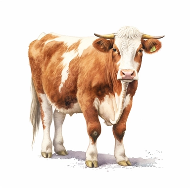 Brown and white mottled scottish Ayrshire dairy cow, highly detailed, watercolor, clipart, illustration, white background, digital painting, paper crafting, no signature, no text