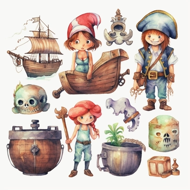 Watercolor pirates cute illustrations clipart set, simple, soft colors, cartoon elements, different variants, cute little pirate boy and girl pirate ship, pirate treasure chest, daggers, swords, pirate glag, skulls, billybones,, wooden elements, loot,, separate elements with a margin