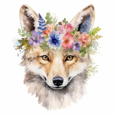 watercolor jackal head with flower crown, Etsy, textured, clipart, white background