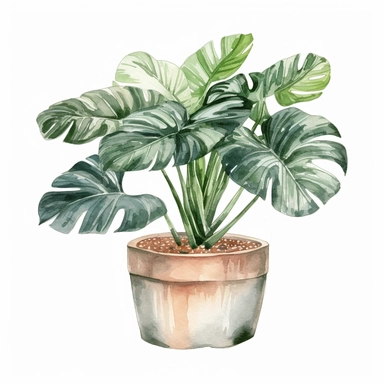 Watercolor clipart tropical single planter, Watercolor clipart tree planter, single watercolor houseplant clipart in pot, black contour around the leaves, white background,