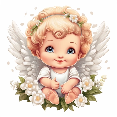 Cute baby angel clipart with flower, white background