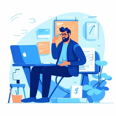 animated man using big mangnifing glass & near her huge paper pad with tax written on screen in blue color, clipart, png, figma