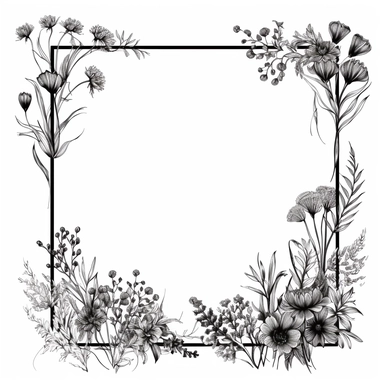 modern, minimalistic set of wildflowers in the shape of one giant simple square frame with a huge opening in the middle, in the style of black and white handdrawning on a clean white background, wedding clipart