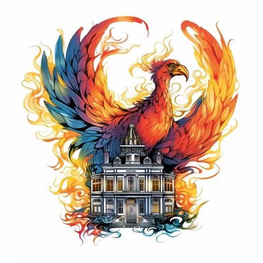 a clipart of A giant, colorful phoenix rises from the ashes in the center of a small, linear, black-and-white house