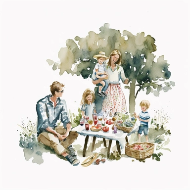 Watercolour family picnic in garden Clipart white background