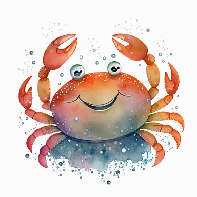 watercolor illustration happy crab, cartoon style, white background, clipart