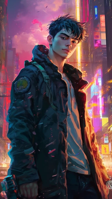 beautiful stunning pretty vintage cyberpunk anime young man, paint art style, clipart, city landscape background, superrealistic, one of a kind