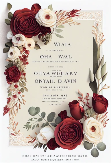 beautiful, intricate, sharp focus, stunning, beautiful wedding invitation, dried red roses, white ranunculus, and wax flowers, boho wedding invitation, show entire invitation, no border, clipart, on white background, flat lay, extreme detail, wedding invitation,