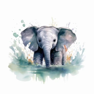 cute elephant calf, splashing joyfully in a river, its reflection shimmering, bold watercolor, clipart, on a white background