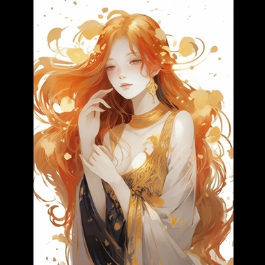 a girl with red flowing hair, delicate shades of red orange and gold, watercolor clipart, white backound, no backound, glowing,Takehisa Yumeji