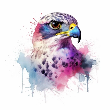 Adorable falcon, White backdrop, watercolor technique, clipart, soft brushwork, lively colors, tender artistic approach, synthwave T - shirt vector, center composition graphic design, plain background