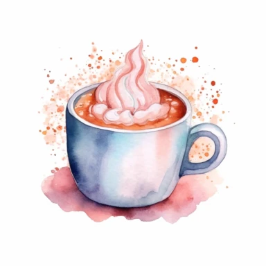 watercolor clipart of a cute hot cup of coffee, sparkles, winter wonderland vibes, isolated on white background