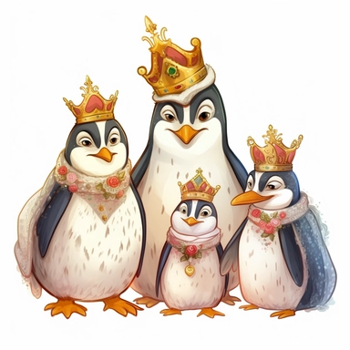 a fairy cute Royal Penguin Family clipart , the parents and two kids wearing the coronation robe and crowns and smilling and happy , white background
