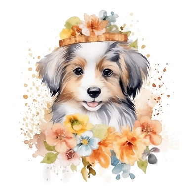Watercolor cute dog with flower clipart, nursery art style, white background