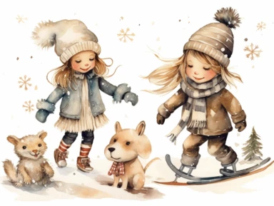 christmas watercolor clipart kids playing in snow, in the style of kitsch aesthetic, murals and wall drawings, dark white and dark beige, depictions of animals, domestic interiors, cut and paste, cottagepunk