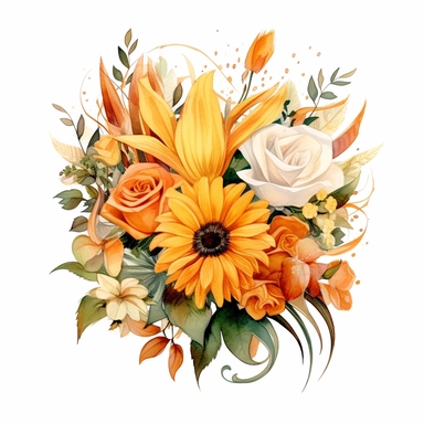 pixiv art, kawai watercolor clipart of a rich and enamoring bouquet with foiliage of orange calla lilies, yellow sunflowers, red roses, and succulent greenery, little cute bugs hovering around, watercolor painting illustration, watercolor backsplash, high details, dynamic range high, on completely white background, pastel watercolors