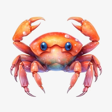 high level watercolor, hyper realistic cartoon, transparent background with margins, 8k, ultra detailed clipart, cute colorful crab, with big cute eyes