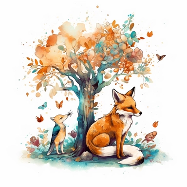 A whimsical scene of a fox and a rabbit sitting on a tree branch, surrounded by a flurry of leaves and flowers. The fox and rabbit are rendered in Marumiyan's signature style, Clipart, 8k, HD, white background