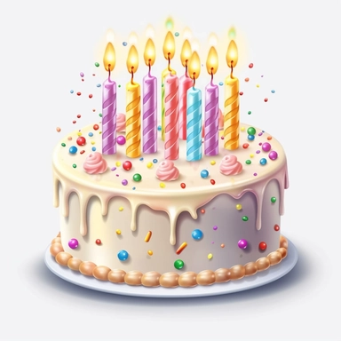 Create a high-quality clipart image of a classic vanilla birthday cake with lit candles. Show a round cake with layers of fluffy vanilla sponge cake and smooth vanilla buttercream frosting, adorned with colorful candles.
