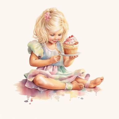 vintage adorable little girl eating eating rainbow cupcakes, full body, pastel beige colors, clipart style, accurate details, watercolor technique, super high quality, professional watercolor clipart, high resolution