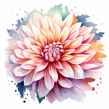 Watercolor snow white dahlia clipart on a white background in the style of feminine sticker art, Tanya Shatseva, storybook illustration, pure and pristine shades, Georgia O'Keeffe, flower and nature motifs, colored line art, colored outlines, cottagecore design, watercolor on white background, ombre, warm tones, colored line art, colored outlines, iridescent ombre, gradient shading, winter snow tone, vibrant digital art oil paint photorealism, an illustration of a colored flower, meticulous sket