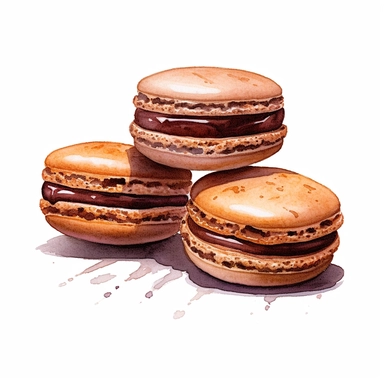 Commercial shot of ultra - realistic watercolor painting of really delicious chocolate macaroons clipart, aesthetic, good looking food, delicious, yummy, foodie, healthy, white background no text, isolated on white, watercolor illustration, award winning, strong and sharp lines
