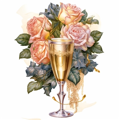 Clip art, goblet of champagne roses with a rose around